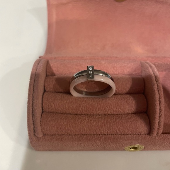 Stainless steel and pink ceramic ring w/crystals - Picture 2 of 2